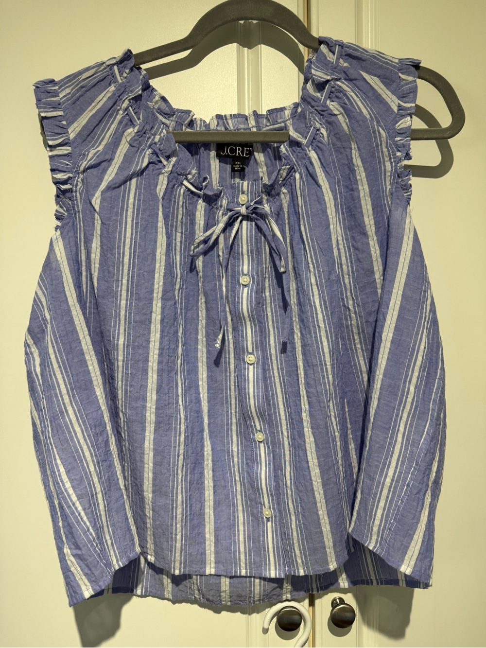NWT J.Crew Blue Striped Ruffle-Sleeve Button-up Top, size XXL